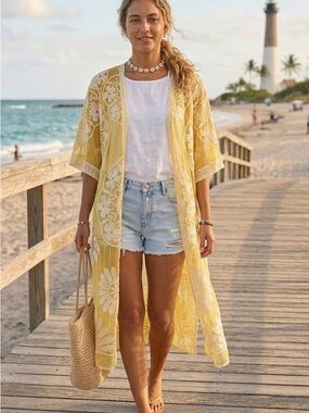 Raj Yellow Floral Embroidered Sheer Swim Coverup